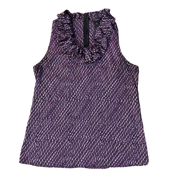 Ann Taylor Blouse Womens 6 Used Purple Cream Ruffled Neck - Picture 5 of 11